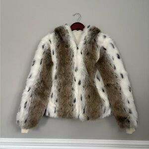 Faux Fur Hooded Jacket in White and Brown
